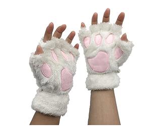 Filles Mitaines d'hiver Griffe de Chat Gants Chauds en Peluche Moufles Demi-Doigt Epais Motif Patte d'ours Gants Thermique Mignon Joli Douce pour Femme-Noir, Noir, Unique Moufles