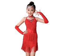 Filles Paillettes Danse Latine Robe de Pompon Samba Tango Salsa Belly Ballroom Dancewear Costumes de Danse pour Les Enfants de 3 à 15 Ans (NE Pas inclure la décoration de la tête et des Oreilles)