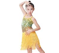 Filles Paillettes en Boucle Pampilles Robe de Danse Latine Enfants Salsa Samba Rumba Tango Jazz Carnaval Spectacle Costume de Compétition (Tailles 3-13ans)