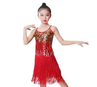 Filles Paillettes en Boucle Pampilles Robe de Danse Latine Enfants Salsa Samba Rumba Tango Jazz Carnaval Spectacle Costume de Compétition (Tailles 3-13ans)