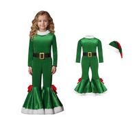 Filles Père Noël Ensembles Manches Longues Tops, Pantalon à Pattes d'Éléphant, Ceinture et Chapeau 4 Pièces, Costume d'Elfe Cosplay pour les Spectacles, Velours Vert Outfit Dress Up Set 5-11 Ans