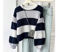 Filles préadolescentes Mode automne/hiver minimaliste 2016 Esthétique décontractée Pull épais en tricot Manches longues Chemise Adieu à l'école Bleu marine et blanc 8Y,9Y,10Y,11Y,12YRayéTricots