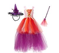 Filles Sorcière Halloween Costume Princesse Winifred Sarah Mary Méchante Déguisements avec Cape Chapeau Balai Anniversaire Carnaval Cosplay Tenue de Soirée Rose Clair 4-5 Ans