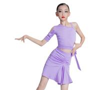 Filles Une Épaule Justaucorps Latin Robe À Manches Courtes Compétition Vêtements De Danse 2 Pièce Tenue Enfants Plissé Jupe À Volants Tango Chacha Salsa Samba Performance Costume,Violet,150cm