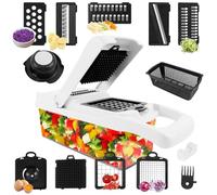 Filltown Coupe-légumes multifonction 15 en 1, 7 cubes interchangeables en acier inoxydable pour hacher, couper et couper en dés sans effort (avec couvercle et panier à tamis)