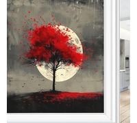 Film de fenêtre motif arbre graffiti - Aquarelle rouge - Feuille de lune - Scène de nuit - Autocollants décoratifs statiques - 45 x 60 cm