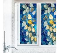 Film Fenetre Feuilles d'or Bleu Brise Vue Fenetre PVC Imperméable Opaque Thermique Film Vitre Anti Regard pour Salle de Bain Cuisine Bureau Maison Chambre 45x116 cm (1 pièce)