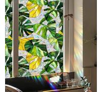 Film Opaque Vitrage Feuilles Vertes Dorées Stickers Fenetre Réutilisable Film Vitre Anti Regard Electrostatique Brise Vue Fenetre pour Salle de Bain Cuisine Salon 43x100 cm(2 pcs)