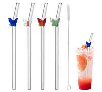 FILOEEX Lot de 4 pailles en verre avec 1 brosse de nettoyage, pailles colorées réutilisables, passent au lave-vaisselle, pailles incassables pour smoothies, cocktails, café, jus (papillon)