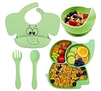 FILOWA Assiette pour Bébé Lot de Table Silicone Lot de 5 Antiderapant, Vert | Assiette Enfant Set avec Ventouse, Bol Bavoir CuillèRe Fourchette, Passe au Lave Vaisselle et au Micro Onde, Sans BPA