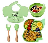 FILOWA Assiette pour Bébé Set de Table Silicone Lot de 5 Antiderapant avec Ventouse Bol Bavoir CuillèRe Fourchette Sans BPA Assiette Enfant Set,Passe au Lave Vaisselle et au Micro Onde,Vert Éléphant