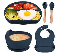FILOWA Assiette Ventouse pour Bébé Silicone Vaisselle avec Assiette Compartiment Ventouse Bol Bois Cuillère Fourchette Bavoir 5 Pcs Couverts Sans BPA Coffrets Repas,Passe au Lave et Micro-ondes,Bleu