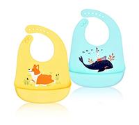 FILOWA Bavoir Silicone Souple Pour Bébé - Bavette Ajustable Avec Grande Poche - Léger, Imperméable - Motif Animal Baleine Chien - Vert Jaune - Idéal Comme Cadeau de Noël