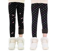 FILOWA Leggings Polaire Filles Lot de 2 Chaud Pantalon Extensible Haute Taille Thermique Longueur Pants Noir Fleur Pois Imprimés Molleton Doublés Legging Automne Hiver Vêtements pour Enfant Âge 9-10