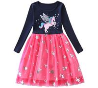 FILOWA Licorne Robe Fille Enfant Manches Longues Tulle Coton Tenue Robe Bleu Marine Rose Animal Imprimée Douce Casual Vetement pour Party Anniversaire Printemps Automne Fête 5-6 Ans