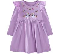 FILOWA Licorne Robe pour Fille Coton Manches Longues Robes Automne Enfant Fleur Papillons Fraise Broderie Tenue Douce Animaux Imprimé Printemps Casual Anniversaire Fête Mode Vêtements 7-8 Ans, Violet