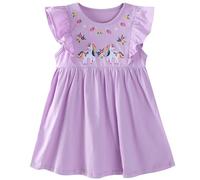 FILOWA Licorne Robe pour Fille Coton Manches Volantes Robes Ete Enfant Fleur Papillons Fraise Broderie Tenue Douce Animaux Imprimé Printemps Casual École Extérieur Mode Vêtements 3-4 Ans, Violet