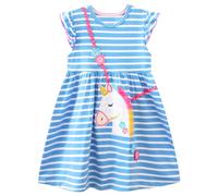 FILOWA Licorne Robe pour Fille Enfant Manches Courtes Coton Tenue Fleur Broderie Appliquée Bleu Clair Rayures Robe Animal Douce Casual Anniversaire Ete Vetement 7-8 Ans