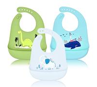 FILOWA Lot de 3 bavoirs en silicone étanches - Large attrape-miettes - Réglable - Lavable en machine - Sans BPA - Qualité alimentaire