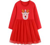 FILOWA Noël Robe Fille Enfant Manches Longues Tulle Coton Tenue Robe Rouge Renne Imprimée Douce Casual Vetement pour Party Anniversaire Printemps Automne Hiver Fête 4-5 Ans
