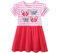 FILOWA Papillon Robe pour Fille Enfant Manches Courtes Coton Tenue Fleur Broderie Appliquée Rouge Rayures Robe Dessin Animé Animal Imprimé Douce Casual Anniversaire Ete Vetement 3-4 Ans