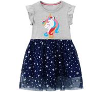 FILOWA Robe Fille Coton Étoile Tulle Licorne Paillette Broderie Imprimée Animale Robes Princesse Party Mignon Applique Printemps Été Manche Courtes T-Shirt Robes Enfant 4-5 Ans, Gris