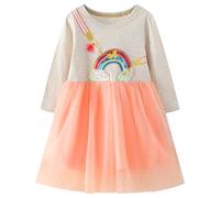 FILOWA Robe Fille Coton Tulle Arc-en-Ciel Paillette Broderie Imprimée Animale Fleur Rayure Robes Princesse Party Mignon Printemps Automne Hiver Col Rond Manche Longues T-Shirt Robes Enfant 2-3 Ans