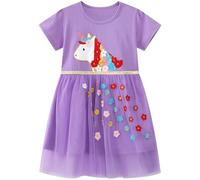 FILOWA Robe Fille Coton Tulle Licorne Paillette Broderie Imprimée Animale Fleur Applique Robes Princesse Party Mignon Printemps Été Col Rond Manche Courtes T-Shirt Robes Enfant 6-7 Ans, Violet