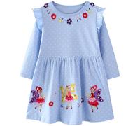 FILOWA Robe pour Fille Coton Manches Longues Robes Printemps Enfant Fleur Papillons Elfe Broderie Tenue Douce Animaux Polka Dot Imprimé Automne Casual Anniversaire Fête Mode Vêtements 4-5 Ans, Bleu