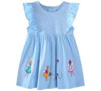 FILOWA Robe pour Fille Coton Manches Volantes Robes Ete Enfant Fleur Papillons Elfe Broderie Tenue Douce Animaux Polka Dot Imprimé Printemps Décontracté École Parc Mode Vêtements 3-4 Ans, Bleu