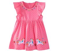 FILOWA Robe pour Fille Coton Manches Volantes Robes Ete Enfant Licorne Fleur Fraise Broderie Tenue Douce Animaux Polka Dot Imprimé Printemps Mariage Anniversaire Fête Mode Vêtements 5-6 Ans, Rouge