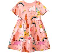 FILOWA Robe pour Fille Enfant Manches Courtes Coton Tenue Rose Lapin Licorne Dinosaure Cheval Étoile imprimé Robes Mignon Animal Douce Casual Mode Plage Anniversaire Ete Vetement 3-4 Ans