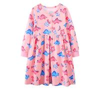 FILOWA Robe pour Fille Enfant Manches Longues Coton Tenue Fleur imprimé Appliquée Rose Dinosaures Robe Animaux Boutons Douce Casual Anniversaire Printemps Automne Vetement 6-7 Ans