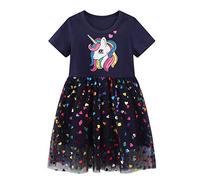 FILOWA Robes Filles Enfant Licorne Paillette Broderie Mignon Coton Tulle Ete Manche Courte Pas Cher Robe Bleu Foncé Vêtements 3-4 Ans, 4T