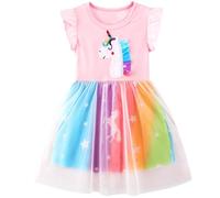 FILOWA Robes Filles sans Manches Licorne Tulle Paillettes Broderie Coton Casual Eté Party Princesse Robe Enfants Fille 3-4 Ans,Rose