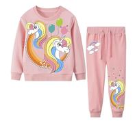 FILOWA Survêtement Fille Enfant Jogging Ensemble de Sport Coton Sportswear Chaud Manches Longues Pull Licorne Imprimé Sweat et Pantalon Avec Poche Printemps Automne Hiver Vetement 6-7 Ans, Rose Clair