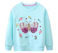 FILOWA Sweatshirt Enfant Fille Couronne Papillon Paillettes Fleurs Broderie Pullover Sweatshirt Col Rond Coton Bleu Mignon Manches Longues Casual Tops Sport Pull Sweat-Shirt pour Filles 3-4 Ans