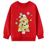FILOWA Sweatshirt Enfant Fille Sapin de Noël Imprimé Pompon Décoration Pullover Sweatshirt Col Rond Coton Rouge Mignon Manches Longues Casual Tops Sport Pull Sweat-Shirt pour Bebe Filles 5-6 Ans
