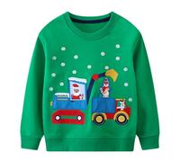 FILOWA Sweatshirt Enfant Garçons Coton Col Rond Sweater Excavatrice Imprimé Sweat-Shirt Père Noël et Élan Motif Pull-Over Chaud Manches Longues Pull Noël Jumper Automne Hiver Tops 5-6 Ans, Vert