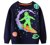 FILOWA Sweatshirt Enfant Garçons Phosphorescent Astronautes Pullover Planète Imprimer Sweatshirt Col Rond Coton Bleu Marine Manches Longues Casual Tops Sport Pull Sweat-Shirt pour Garçons 6-7 Ans
