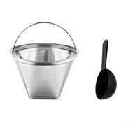Filtre à café en acier inoxydable taille 4 réutilisable et lavable avec poignée et cuillère à mesurer pour cafetière de 6 à 10 tasses, filtre permanent en maille fine (swt)