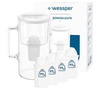 Wessper Carafe En Verre Avec 1 Filtre À Eau (Compatible Avec Brita Classic), Eau Filtrée Avec Grand Goût Et Pureté Réduit Les Dépôts De Calcaire Et De Chlore 3 Litres, Blanc