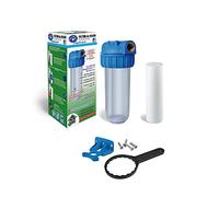 Filtre à sédiments 50 microns 10". Comprend une cartouche à sédiments de 50 microns, un support de filtre, un support de porte-filtre pour mur et une clé de support de filtre.