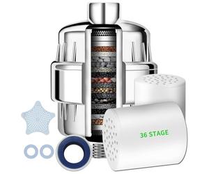 Filtre de douche à 36 étapes avec vitamine C pour eau dure - Filtre de pomme de douche avec cartouche interchangeable pour enlever le chlore et les métaux lourds