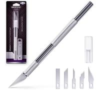 Filzada® Scalpel avec 5 lames de rechange (différentes formes) - cutter de précision/couteau modelisme en argent pour couper du papier, des modèles, du film de fenêtre, du fondant, des tissus, etc.