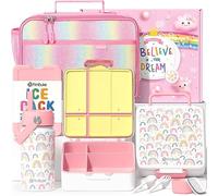 Fimibuke Boîte à bento pour enfants avec 4 compartiments, sac à déjeuner isotherme, bouteille d'eau isotherme en acier inoxydable, poche de glace et ustensiles, cadeaux d'anniversaire pour enfants de