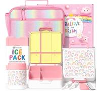 Fimibuke Boîte à goûter Bento pour enfants avec 4 compartiments, sac isotherme, bocal alimentaire sous vide, sac de glace, ensemble d'ustensiles, cadeau d'anniversaire pour enfants de 3 à 12 ans