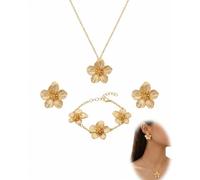 FIMWOLZ Set de Bijoux Femme 4 Pièces, Collier Vintage Fleur, Bracelet, Bague Ajustable et Boucles d'Oreilles Statement, Bijoux Dorés pour Mariage et Fête, Idée Cadeau (Or)