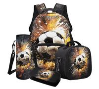 Finagallathe Ensemble cartable 4 pièces pour enfants, sac à dos et sac à déjeuner pour l'école primaire et secondaire, Marron - Football Ink Splash, Ensemble cartable