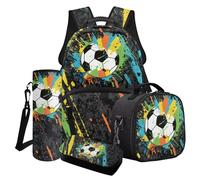 Finagallathe Ensemble sac à dos d'école 4 en 1 pour garçons avec boîte à déjeuner et trousse à crayons, ensemble sac à dos pour la rentrée scolaire, Noir - Football Ink Splash, Ensemble cartable